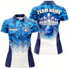 Goofygear Blue Geometric Pattern Bowling Ball And Pins Custom Women Bowling Polo Shirts, Team Bowling Jerseys