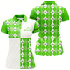 Goofygear Golf Addicted Womens Golf Polo Shirts Custom Name Green And White Golf Ball Clubs Argyle Plaid Pattern