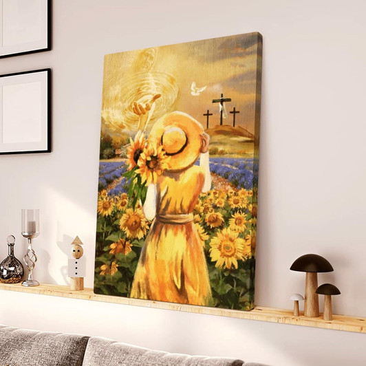 Beautiful Girl Sunflower Field Jesus Hand Cross Symbol Canvas Posters Christian Wall Posters Religious Wall Decor