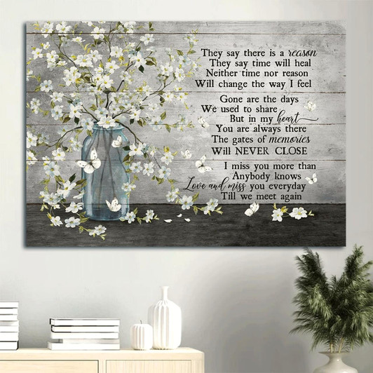 Heaven Beautiful White Flower Vase Subtle Background Memorial Gift For Family Members They Say Time Will Heal Canvas