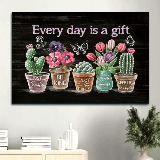 Flower Painting Rustic Cactus Tulip Flower Butterfly Gift For Religous Christian Every Day Is A Gift Canvas Wall Art