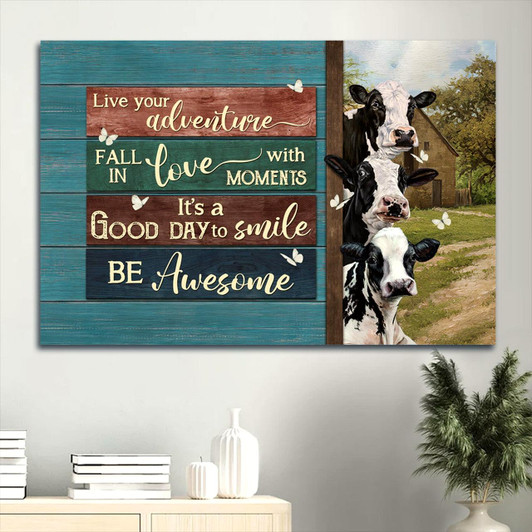 Family Amazing Dairy Cow Green Meadow Gift For Members Family It's A Good Day To Smile Canvas Wall Art Christian Wall