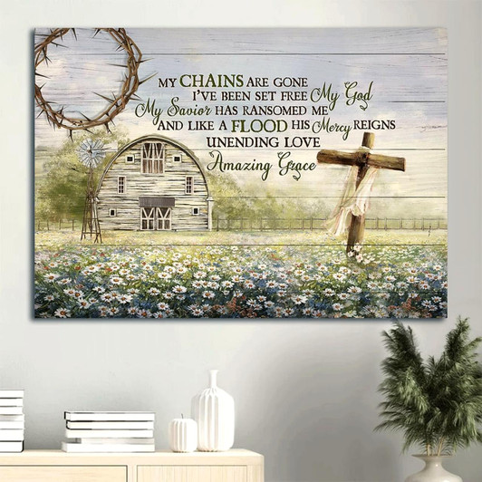 Daisy Field Wooden Cross Tranquil Farm Windmill Canvas My Chains Are Gone I've Been Set Free Canvas Wall Art Christian