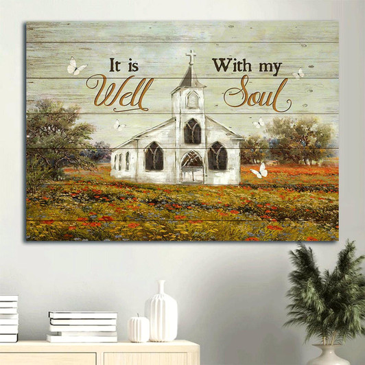 Country Church Painting Colorful Flower Garden White Butterfly It Is Well With My Soul Canvas Wall Art Christian Wall