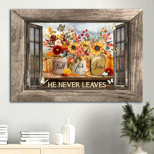 Colorful Flower Pumpkin Painting Colorful Butterfly Wooden Window Frame Fall For Jesus He Never Leaves Canvas Wall Art