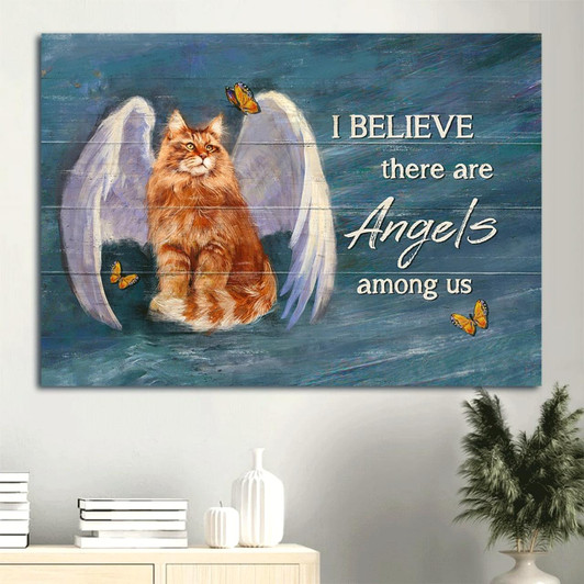 Brown Cat Canvas Angel Wings Butterfly Canvas Cat Lover I Believe There Are Angels Among Us Canvas Wall Art Christian