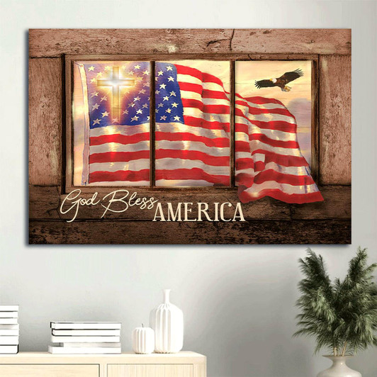 Beautiful Us Flag Cross Symbol Vintage Window God Bless America Canvas Wall Art Christian Wall Decor