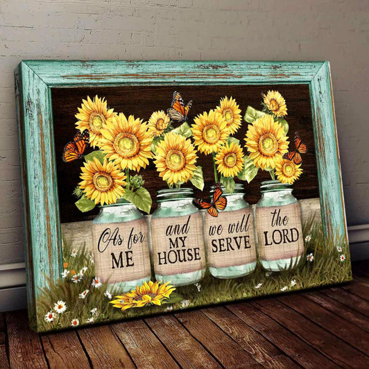 Beautiful Sunflower Jars Butterfly Picture Frame We Will Serve The Lord Canvas Wall Art Christian Wall Decor