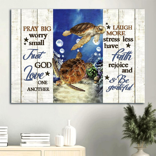 Beautiful Sea Turtle Blue Ocean Water Bubbles Pray Big Worry Small Canvas Wall Art Christian Wall Decor
