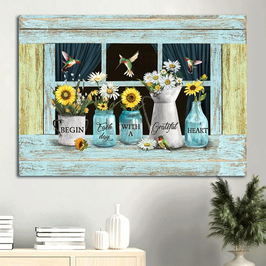 Beautiful Sunflower Daisy Drawing Begin Each Day With A Grateful Heart Canvas Wall Art Christian Wall Decor