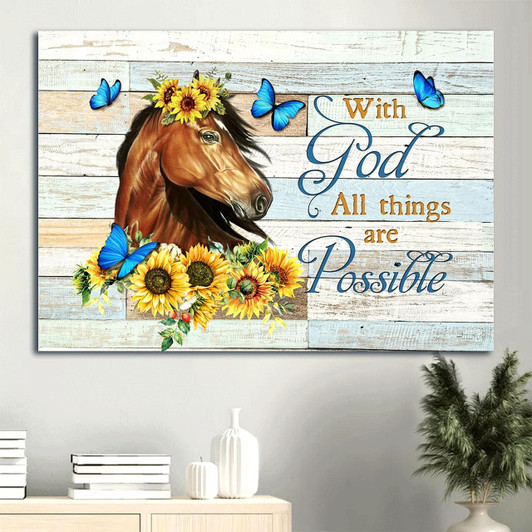 Beautiful Horse Painting Sunflower Drawing Blue Butterfly Canvas With God All Things Are Possible Canvas Wall Art