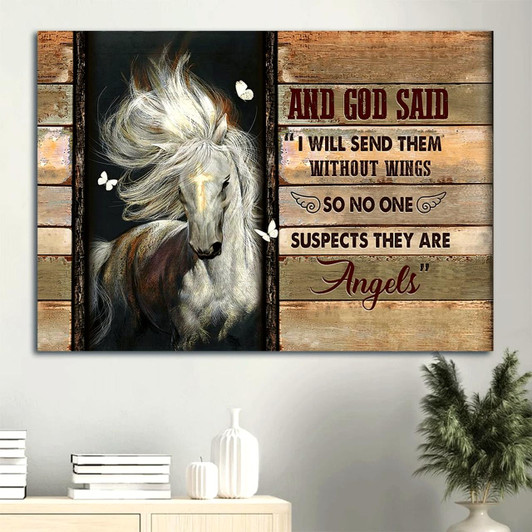 Beautiful Horse Golden Cross White Butterfly Canvas I Will Send Them Without Wings Canvas Wall Art Christian Wall Decor
