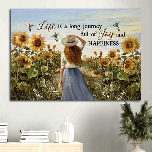 Beautiful Girl Sunflower Field Colorful Hummingbirds Canvas Life Is A Long Journey Canvas Wall Art Christian Wall Decor