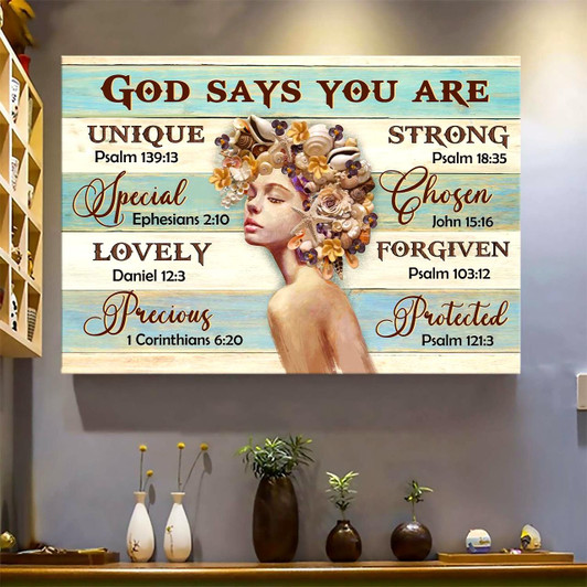 Beautiful Girl Seashell Hair God Says You Are Canvas Wall Art Christian Wall Decor