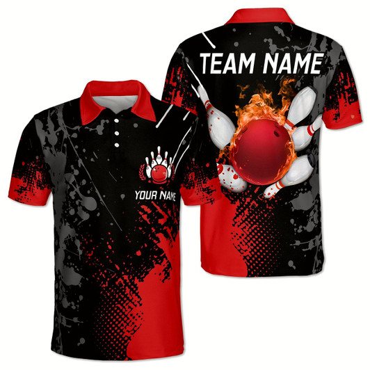 Goofygear Personalized Black Blue Flame Ball Bowling Polo Shirt Men Team Shirts great outfit for passionate bowlers