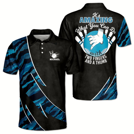 Goofygear Personalized It'S Amazing What You Can Do Two Fingers Thumb Bowling Polo Shirt Men Black Blue Funny great outfit for passionate bowlers