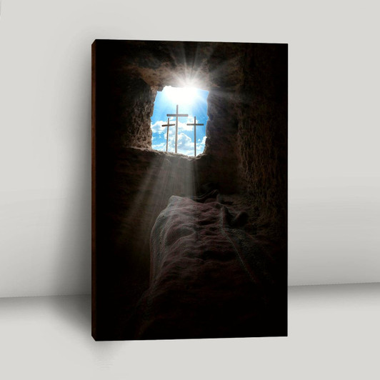 Christian Canvas Art For Easter Morning Depicting Golgotha Hill And The Cross Resurrection Scene With Religious
