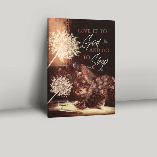 Whimsical Cat And Dandelion Canvas Print With Encouraging Bible Verse Give It To God And Rest In His Peace