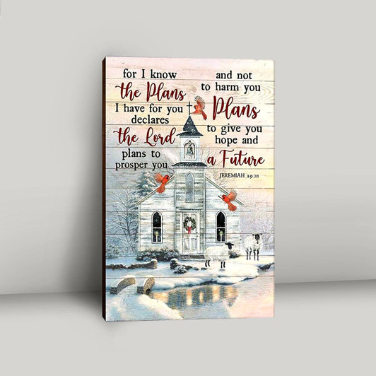 Peaceful Winter Church Scene With Sheep And Cardinal Bible Verse For I Know The Plans Christian Canvas Decor