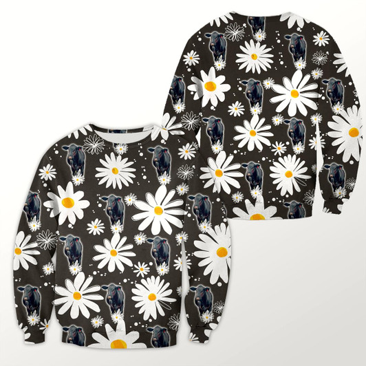 Goofygearprints Black Angus Daisy Flower Pattern 3D Crewneck Sweatshirt, Christmas Gift for Cow Lovers