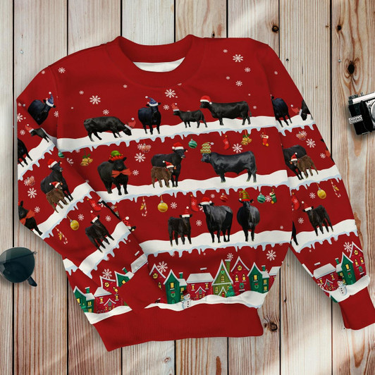 Goofygearprints Black Angus In Snow Multicolor Pattern Christmas 3D Sweatshirt