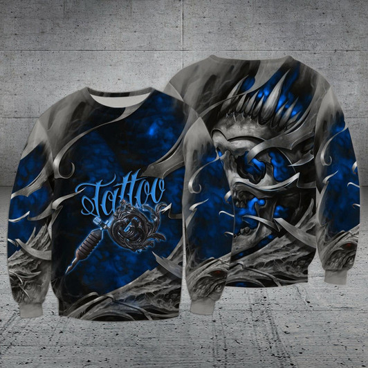 Goofygearprints Blue Skull Tattoo Artist Pattern 3D Sweatshirt Shirts, Shirt for Tattoo