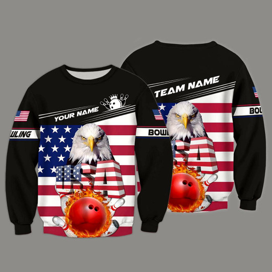 Goofygearprints Personalized Name Bowling and Pin USA Eagle Flag Pattern 3D Sweatshirt , Gift for Bowling Team
