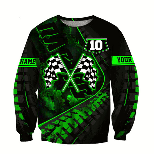 Goofygearprints Personalized Name Number Racing Flag Green Sweatshirt , Idea Gift for Racing Christmas