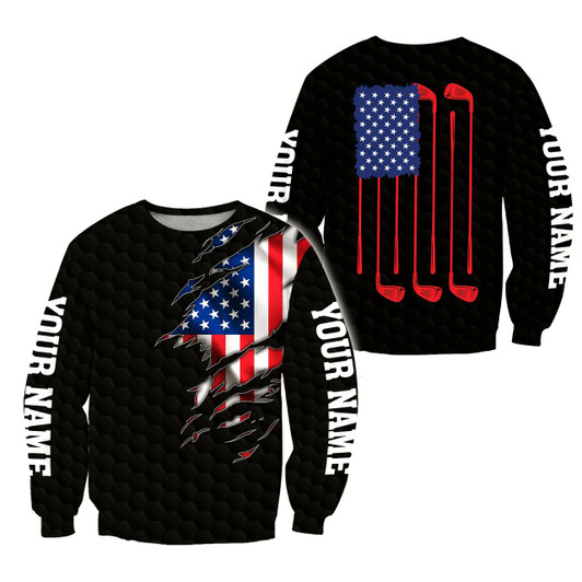 Goofygearprints Personalized Name Golf US Flag Black Golf Pattern Sweatshirt Christmas Shirts