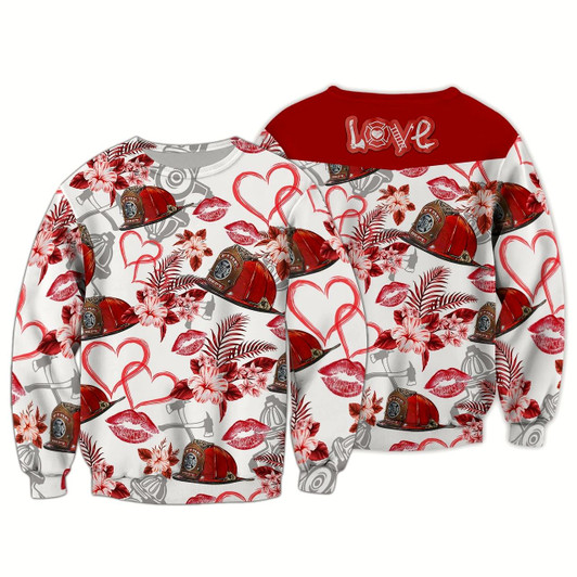 Goofygearprints Firefighter Kiss Hat Flower 3D Sweatshirt Bomber, Christmas Firefighter Shirt