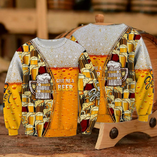 Goofygearprints Give Me a Beer Pattern 3D Full Printed Sweatshirt Bomber, Gift for Beer Lovers Christmas