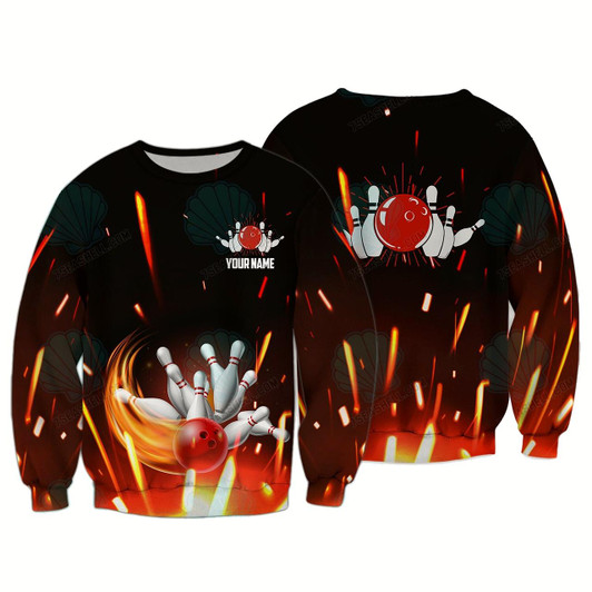 Goofygearprints Personalized Men Bowling Polo Shirt Flame Bowling Ball and Pins Sweatshirt for Men Bowlers 3D