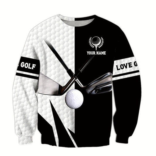 Goofygearprints Personalized Name Black and White Love Golf Pattern 3D Sweatshirt , Christmas Shirt for Golfer