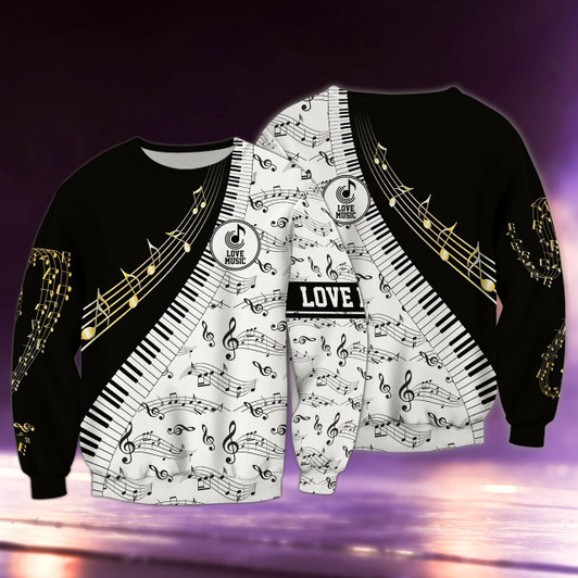 Goofygearprints Piano Love Note Pattern 3D Full Printed Sweatshirt Bomber, Xmas Gift for Piano Lovers
