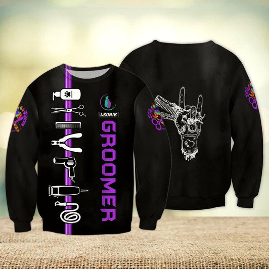 Goofygearprints Purple Dog Groomer Personalized Name Dog Groomer Tool 3D Sweatshirt , Uniform Salon Pet Groomer