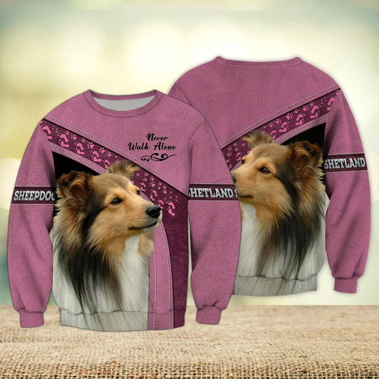 Goofygearprints Shetland Sheepdogs Pink and Grey Love Never Walk Alone 3D Full Print Shirts