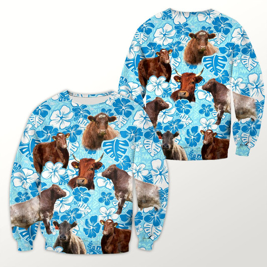 Goofygearprints Shorthorn Blue Floral 3D Christmas Sweatshirt, Gift for Cow Lovers