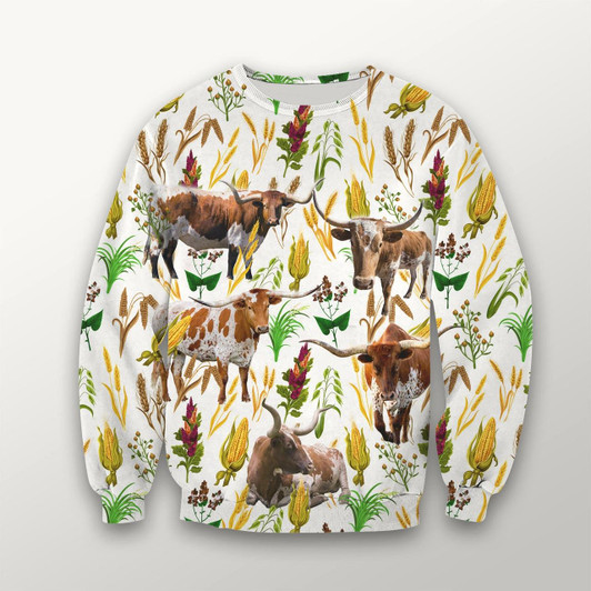 Goofygearprints Texas Longhorn Farm Wheat Pattern 3D Crewneck Christmas Sweatshirt