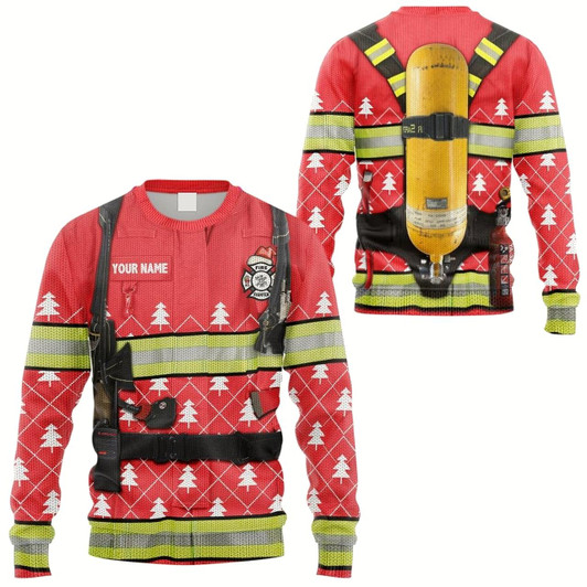 Goofygearprints Personalized Custom Name 3D Firefighter Christmas Ugly Sweater, Gift for Firefighter