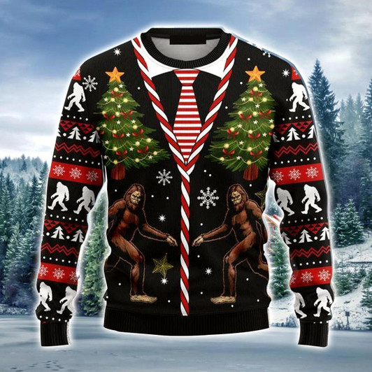 Goofygearprints Bigfoot Ugly Christmas Sweater, Pine Tree Ugly Sweater For Men & Women