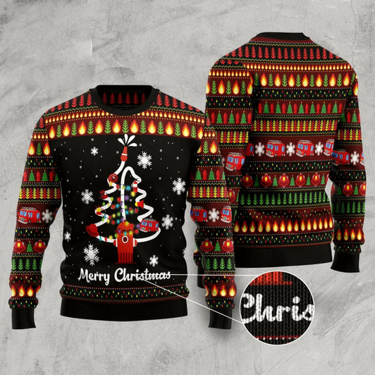 Goofygearprints Merry Christmas Firefighter Ugly Christmas Sweater, Firefighter Tree Sweater