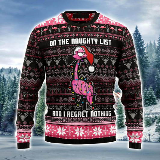 Goofygearprints Flamingo Christmas Ugly Christmas Sweater, Flamingo Naughty List Ugly Sweater