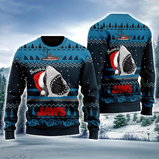 Goofygearprints Shark Ugly Sweater, Jaws Shark Santa Ugly Christmas Ugly Sweater For Men & Women, Perfect Gift For Shark Lover