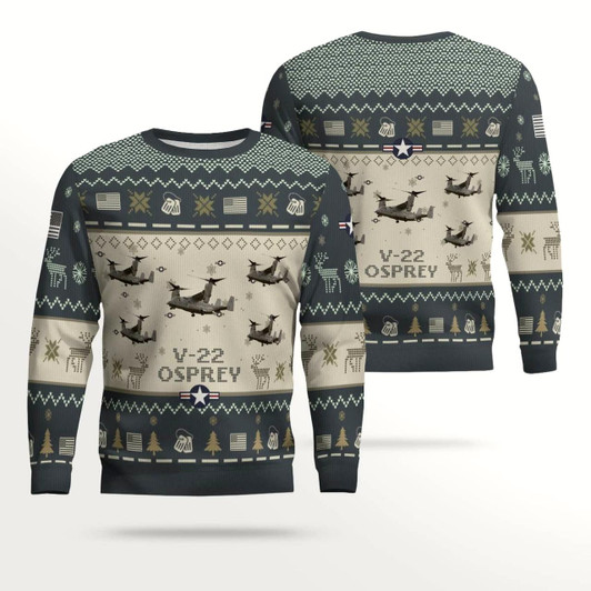 Goofygearprints Bell Boeing V-22 Osprey Aircraft Multicolor Ugly Christmas Sweater, Idea Gift for Men Dad Christmas