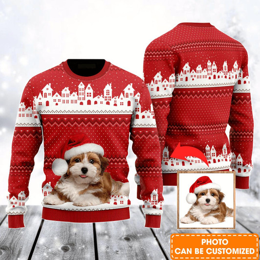 Goofygearprints Personalized Photo Ugly Sweater, Funny Christmas House Pattern Red Ugly Sweater