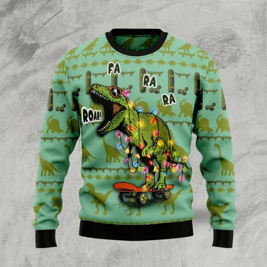 Goofygearprints Skateboard Dinosaur Ugly Christmas Sweater For Men & Women Adult