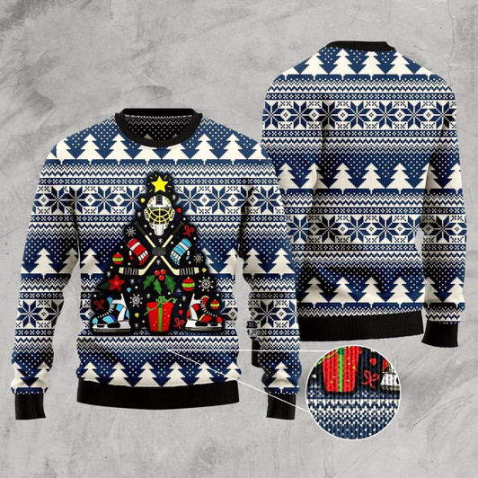 Goofygearprints Hockey Tree Funny Ugly Christmas Sweater, Idea Gift for Hockey Team Hockey Lovers