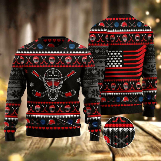 Goofygearprints Hockey Puck American Flag Christmas Ugly Christmas Sweater, Hockey Xmas Sweater