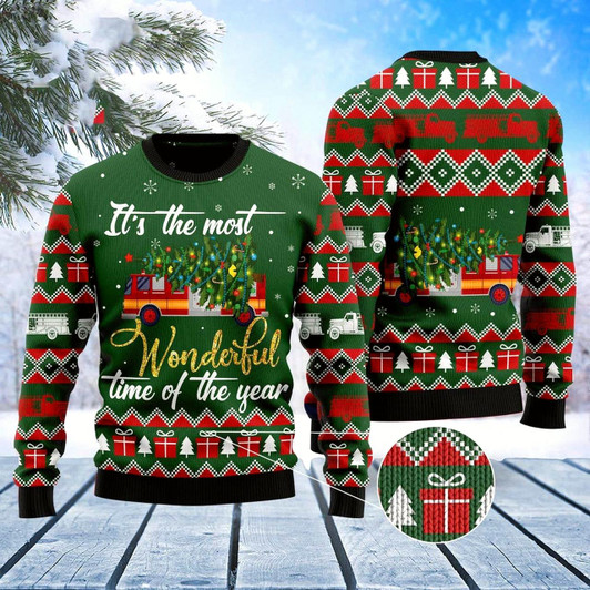 Goofygearprints Firefighter Wonderful Time Ugly Christmas Sweater, Funny Xmas Sweater for Firefighter