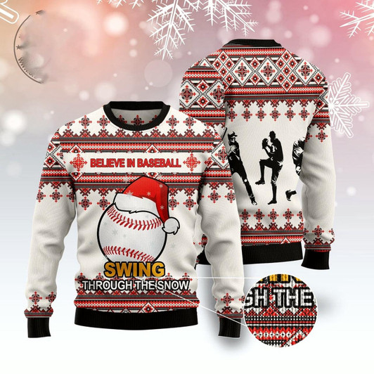 Goofygearprints Baseball Santa Hat Ugly Christmas Sweater, Funny Xmas Sweater, Sweater Xmas